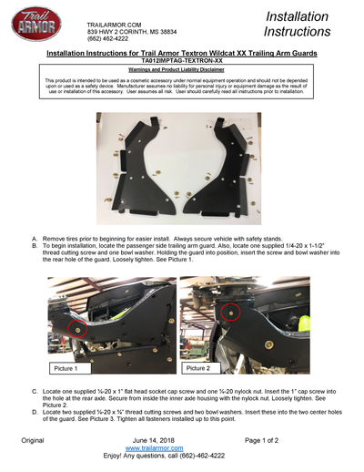 Trail Armor iMpact Trailing Arm Guards | 2018-22 Textron Wildcat XX \ Tracker XTR 1000 (Installations Instructions)