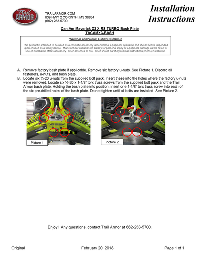 Trail Armor Bash Plate | 2018-19 Can-Am Maverick X3 X RC / MR (Installation Instruction)