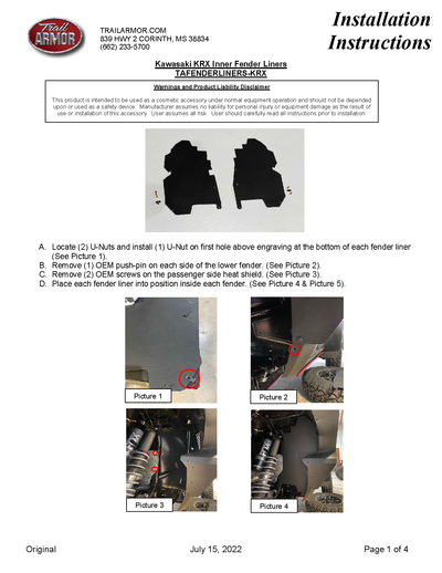 Trail Armor kawasaki  Inner Fender Liners | 2020-23  KRX 1000 (Installation Instruction)