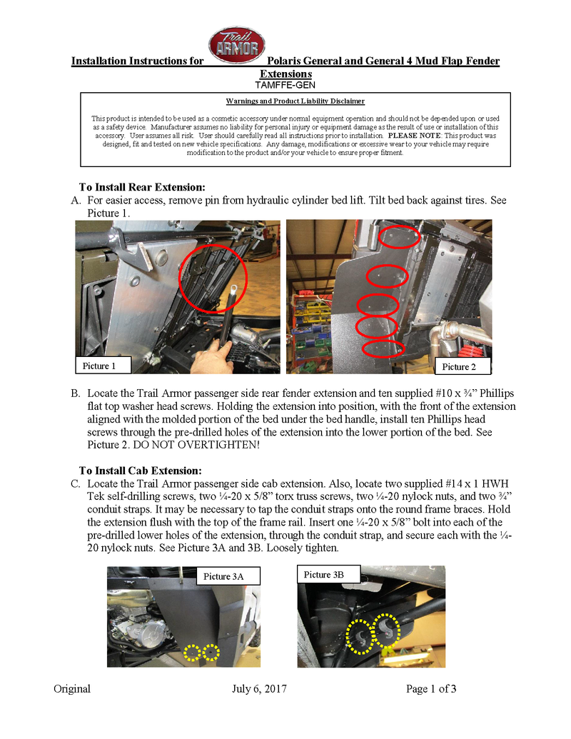 Trail Armor Mud Flap Fender Extensions | 2016-22 Polaris General 1000 \ General 4 1000 (Installation Instruction)