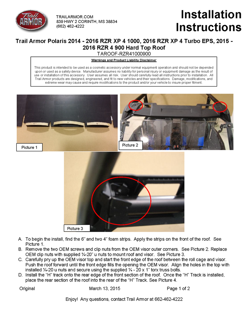 Trail Armor Hard Top Roof | 2014-19 Polaris RZR XP 4 Model (Installation Instruction)