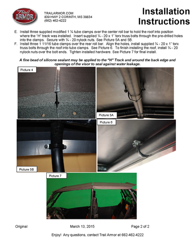 Trail Armor Hard Top Roof | 2014-19 Polaris RZR XP 4 Model (Installation Instructions)