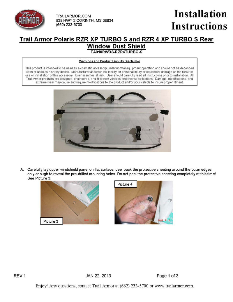 Trail Armor Rear Window Dust Seal | 2018-21 Polaris RZR XP 1000(Installation Instructions)