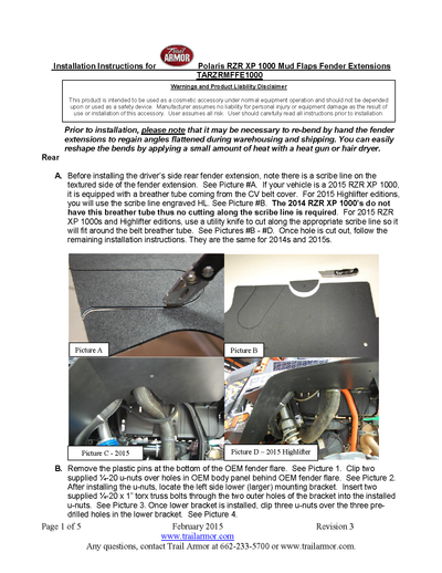 Trail Armor Mud Flap Fender Extensions | 2014-18 XP 1000 / XP Turbo (Installation Instruction)