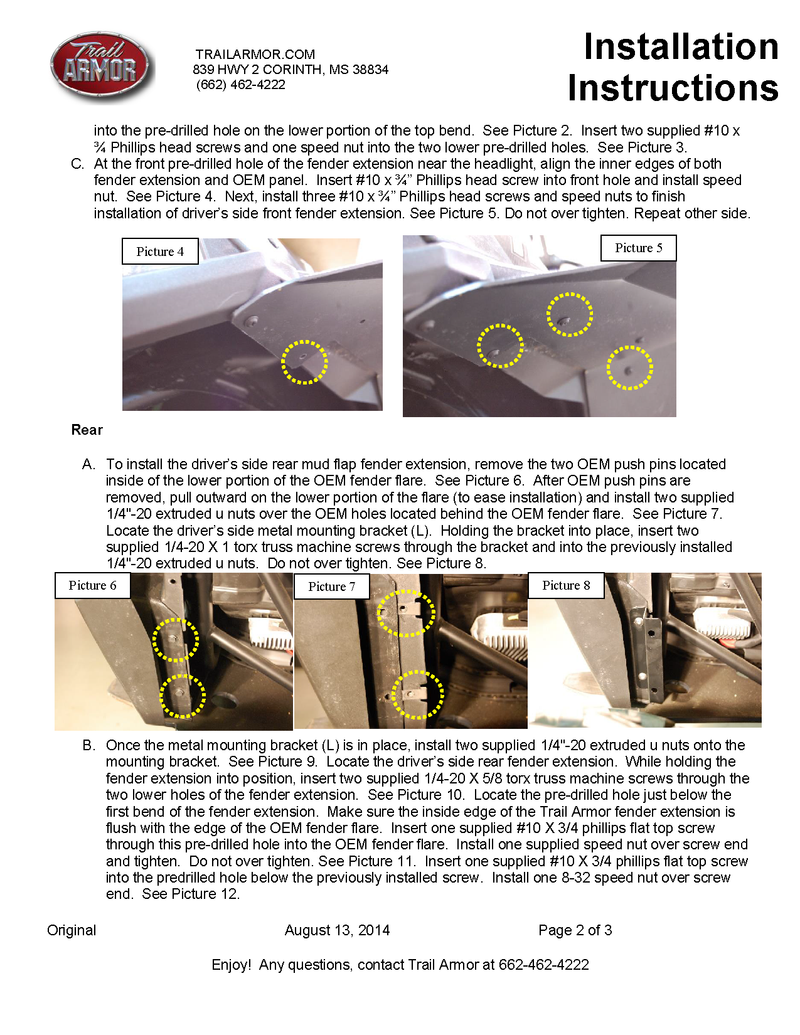 Trail Armor  Mud Flap Fender Extensions | 2015-20 RZR S 900 \ RZR S 1000 Model (Installation Instructions)