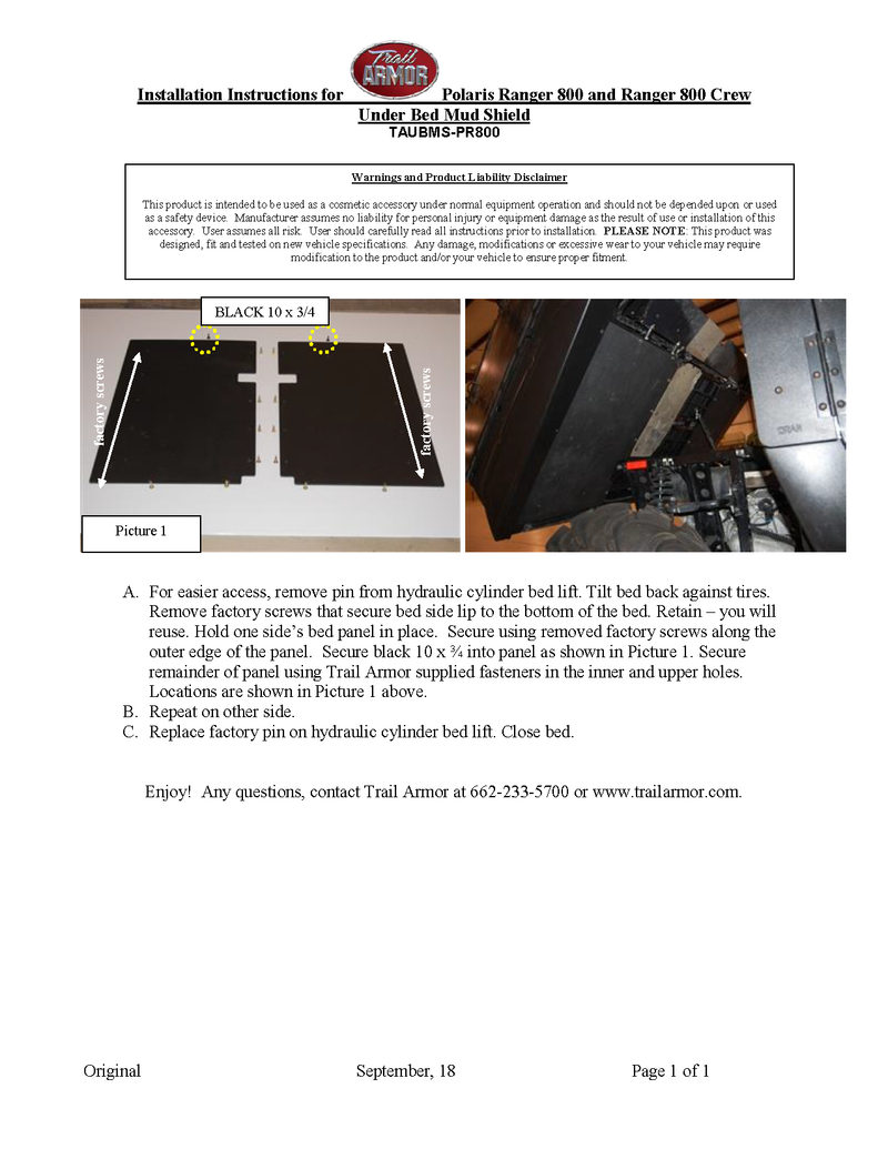 Trail Armor Polaris Under Bed Mud Shield | 2009-14 Ranger \ Ranger Crew (Installation Instructions)