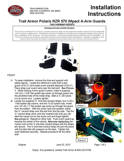 Trail Armor  iMpact A-arm Guards | 2012-20 Polaris RZR 570 (Installation Instruction)