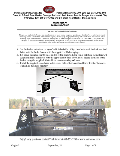 Trail Armor Small Rear Basket Storage |  2014-19  Polaris Ranger Midsize Crew Model(Installation Instruction)